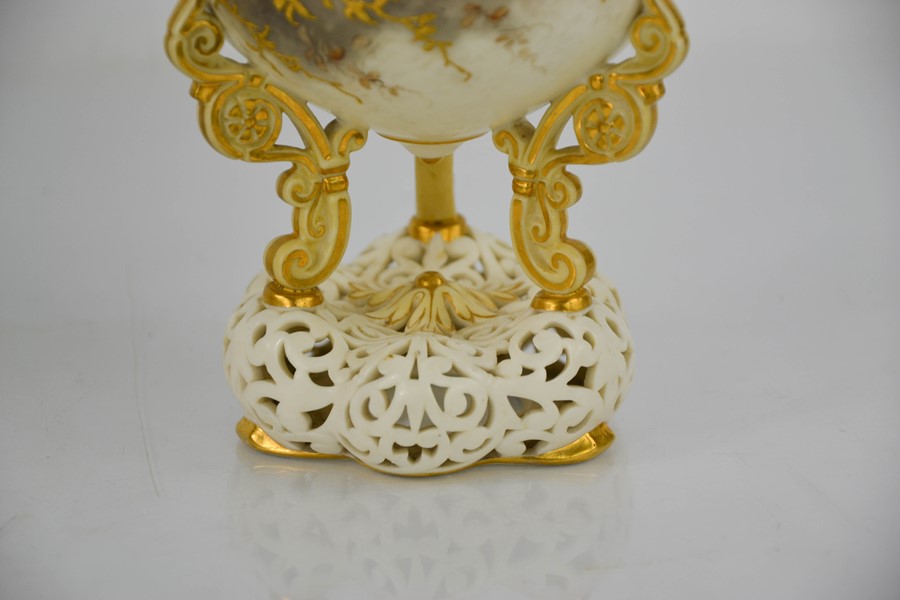 A Royal Worcester Grainger ivory ground pot pourri vase and cover, circa 1890, painted with birds, - Image 3 of 3