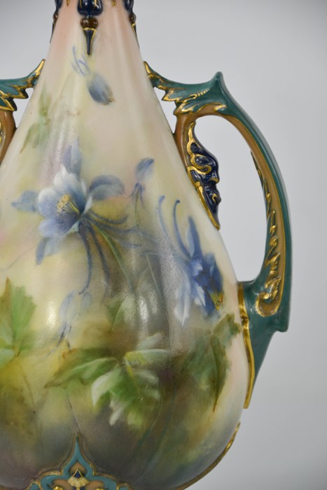 A Royal Worcester vase, with twin handles and cover, by Hadley, painted with blue flowers and - Image 3 of 3