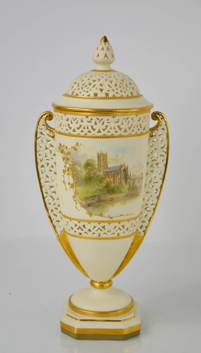 A Fine Royal Worcester porcelain vase and cover, in the style of George Owen, with pierced