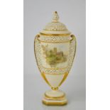 A Fine Royal Worcester porcelain vase and cover, in the style of George Owen, with pierced