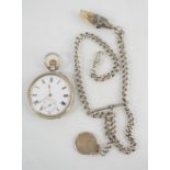 A silver pocket watch, London import hallmark, 1907, together with a silver Albert chain and