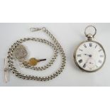 A white metal pocket watch and silver hallmarked Albert chain and fob