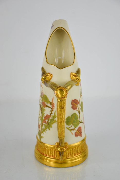 A Royal Worcester blush ivory tusk jug, painted with thistles, with gilt bark handle, date code 1889 - Image 2 of 3