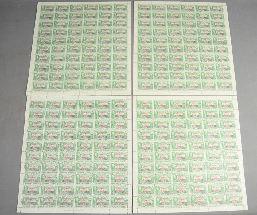 Four full sheets of Falkland Islands mint stamps, issued 1944-1945, overprinted dependency of