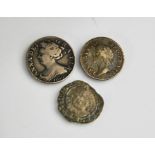 A King James II silver fourpence, 1687, a Queen Anne silver sixpence 1705, and a Queen Elizabeth I