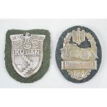 WWII Third Reich motorcycle club badge together with a Kuban 1943 shield badge