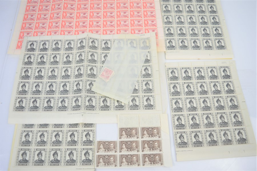 A full sheet of King George VI mint stamps of Gambia together with four sheets of Brunei stamps