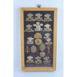 A framed group of 19th and 20th century Welsh cap badges to include Royal Lancers, Fishguard, 1th