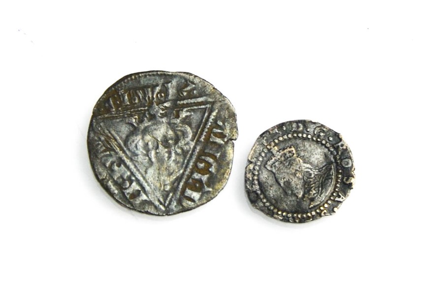 A silver Queen Mary I groat, 1553 - 1554, together with an Irish silver penny of King Edward I,