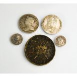 A King George II silver Maundy penny, 1750, a George III Maundy penny, George III sixpence and a