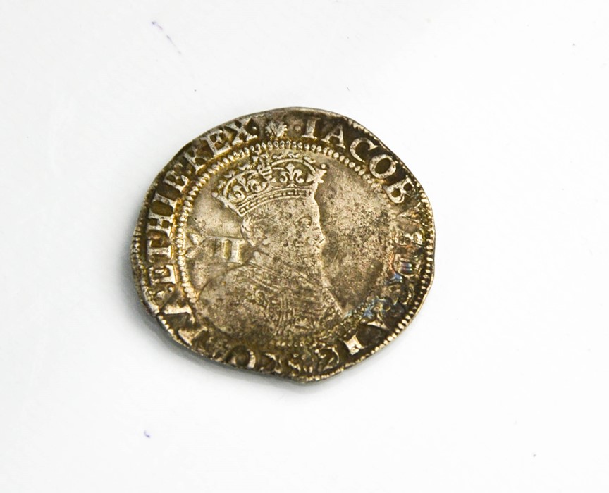 A silver King James I shilling, date of issue 1603-1625.