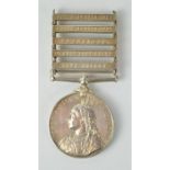 A Queens South Africa medal with five clasps 1899-1902 awarded to Pte E.W Norris 31703, 37th company