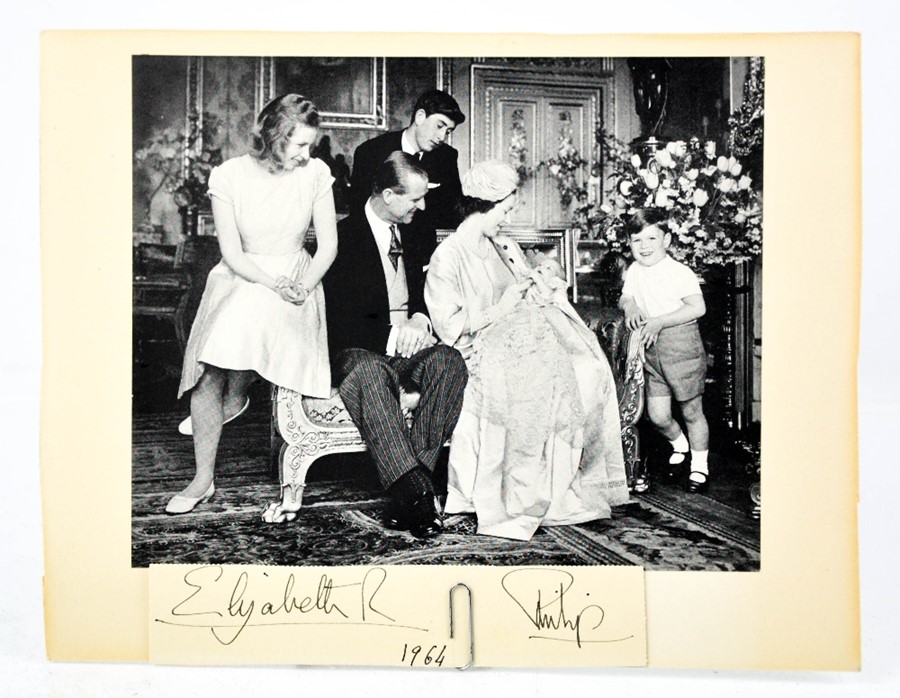 A family photo commemorating the Christening of Prince Edward, signed Elizabeth R and Philip 1964