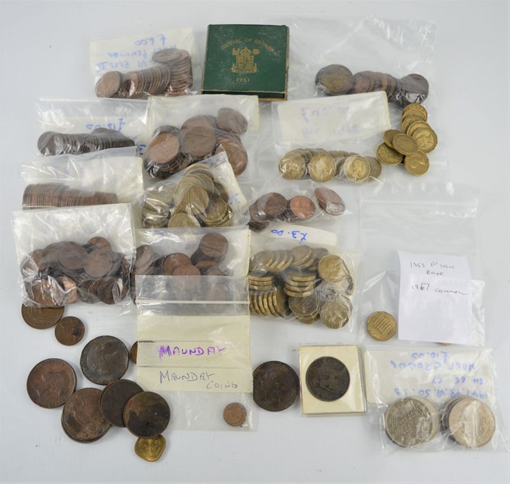 A group of British coins to include Victoria pennies,QEII threepence, farthing, Maundy coins, half