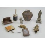 An Acme Nightingale whistle, oak snuff box, Punch form match holder, two brass door knockers, a