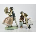 A Lladro porcelain figure group titled Stolen Kiss, and Ten and Growing; boy and girl kissing on a