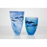 Two Art Glass vases by Malcom Sutcliffe, dolphins, tallest 19cm high, both signed to the bases.