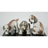 Three Lladro porcelain figurines; each puppy in differing poses.