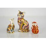 Three Royal Crown Derby cats, LXII, LVIII, and MMII and Playful Ginger Kitten by Hugh Gibson, signed