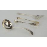 Victorian silver Apostle sugar tongs, barley twist design together with silver sauce ladle and a jam