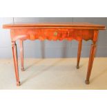 A Victorian mahogany fold over tea table with single drawer, inlaid decoration to front, 72cm by