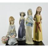 Four Lladro figurines, one of seated lady with basket of flowers, with box.