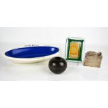 A vintage Martell Cognac ashtray, glass Star Cigarettes ashtray, stone spherical match striker,