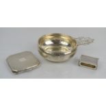 A Frank M Whiting sterling silver porridge bowl together with a silver compact and matchbox