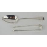 A George III silver tablespoon, London 1803 together with a pair of Georgian silver sugar tongs, 2.