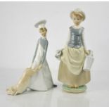 Two Lladro figurines, one titled Cook in Trouble; boy with pig, number 4608 and Milkmaid with Milk