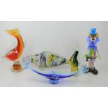 A group of Murano glass to include clown and fish