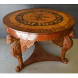 An Art Deco period fiddleback mahogany and marquetry circular centre table, the top with radiating