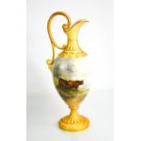 A Royal Worcester ewer of ovoid form, by John Stanton, with loop handle, painted with highland