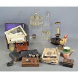 A group of vintage photographs and postcards together with a cruet set, bibles etc
