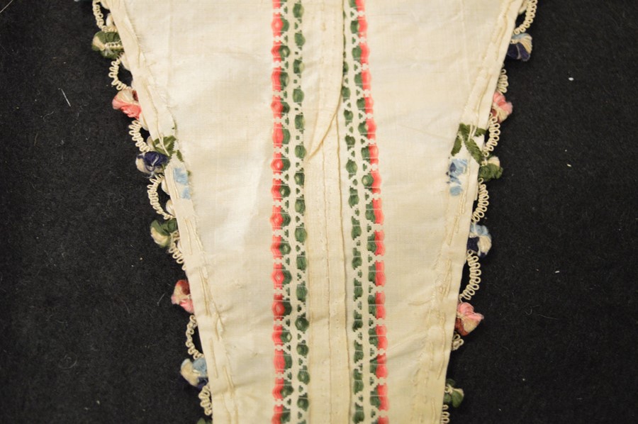 Two 19th century embroidery samples on silk, one of corset form embroidered with flowers and - Image 4 of 11