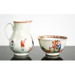 An early 19th century Chinese jug and tea bowl, painted with figures, signature to base of tea bowl.