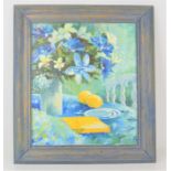 Wendy Eldridge (20th century): still life flowers and lemons on table, oil on board, 35cm by 41cm