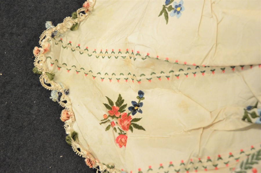 Two 19th century embroidery samples on silk, one of corset form embroidered with flowers and - Image 8 of 11