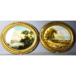 A 19th century pair of oval reverse paintings on glass, depicting figures in landscape, and lake