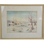 M Cricks (20th century): a snowy village landscape, watercolour, 37 by 27cm.