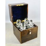 A 19th century coromandel decanter box, brass bound, with Toulin & Gale lock, with key, containing