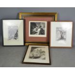 Five prints, one woodblock engraving, two etchings and a 19th century print titled The Wine Taster.