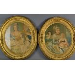 Two Victorian giltwood composition oval frames, containing coloured portrait prints, the frames
