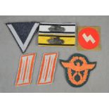 A WWII Deutsches Jungvolk sleeve patch and WWII style tank destruction badges, customs police collar