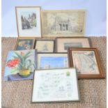 A quantity of pictures and prints including a map of Lincolnshire and etching of Rothenberg