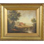 A 19th century oil on board, depicting cottage by a river with figures, indistinctly signed, 24 by