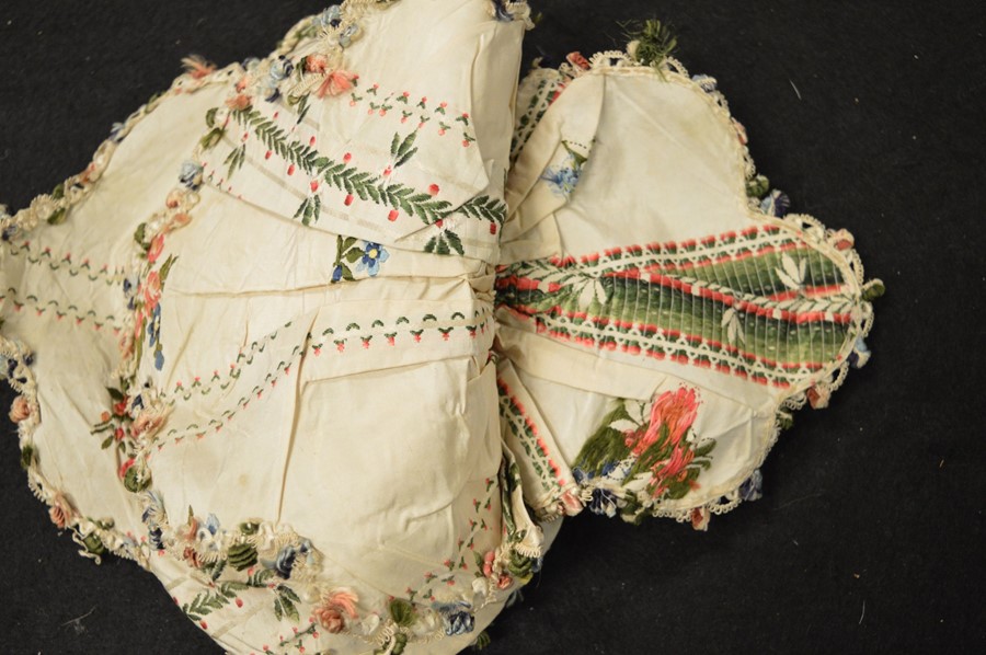 Two 19th century embroidery samples on silk, one of corset form embroidered with flowers and - Image 9 of 11