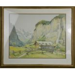 A Swiss watercolour, unsigned, mountainous landscape with cabin, 49 by 39cm.