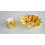 A Royal Worcester blush ivory pin dish and three handled miniature cup circa 1900.