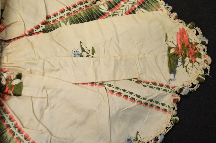 Two 19th century embroidery samples on silk, one of corset form embroidered with flowers and - Image 7 of 11